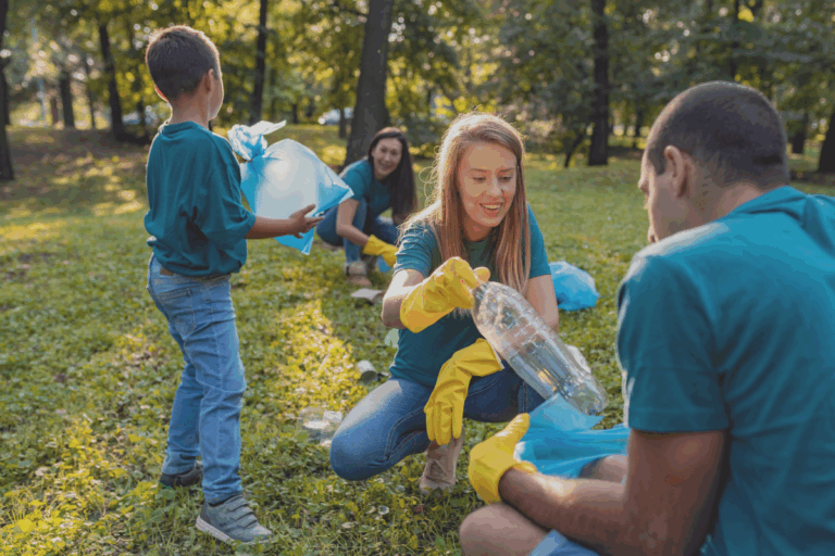 Teenagers and children participating in a community clean up