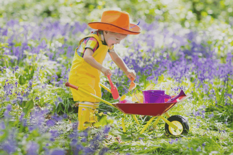 Small male child in orange hat with a wheelbarrow in garden