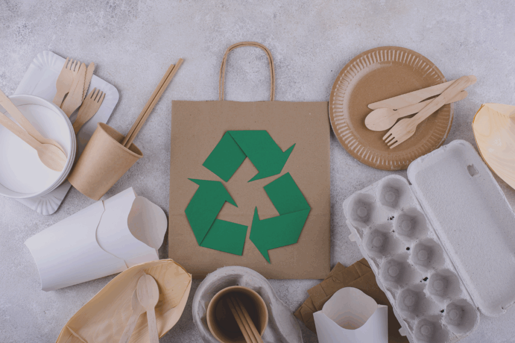 Image of paper bag surrounded by recyclabes